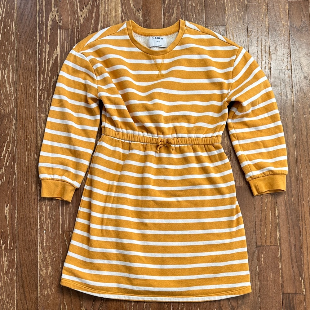 Girls Old Navy Sweatshirt Dress in Mustard Yellow/ Gold and White Stripes, 10/12